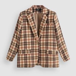 Cider Retro Plaid Pattern Blazer Womens Size Small Camel Brown Pink Oversized